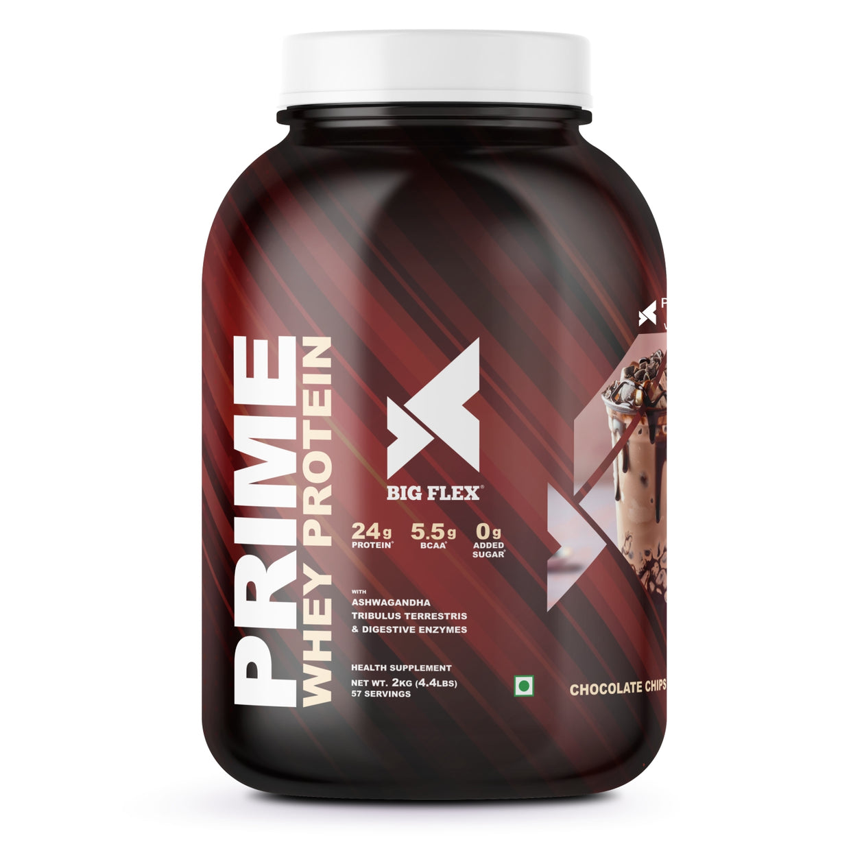 Bigflex Prime Whey Protein 2kg | 24g protein | Whey Isolate Primary Source | With Sunfiber & Digezyme for better Digestion – 2KG – Chocolate Chips
