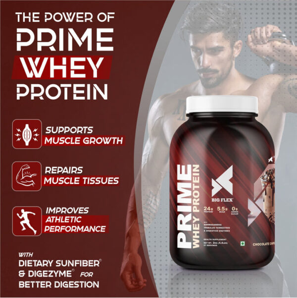 Bigflex Prime Whey Protein 2kg | 24g protein | Whey Isolate Primary Source | With Sunfiber & Digezyme for better Digestion - 2KG - Chocolate Chips - Image 5