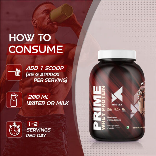 Bigflex Prime Whey Protein 2kg | 24g protein | Whey Isolate Primary Source | With Sunfiber & Digezyme for better Digestion - 2KG - Chocolate Chips - Image 7