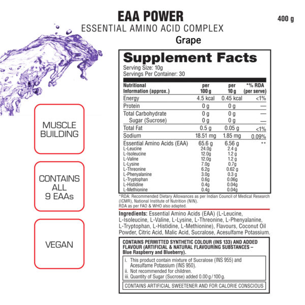 EAA POWER Essential Amino Acid Complex (6.56g EAAs, Muscle Building, Vegan, 30 Servings) - 300g - Image 9